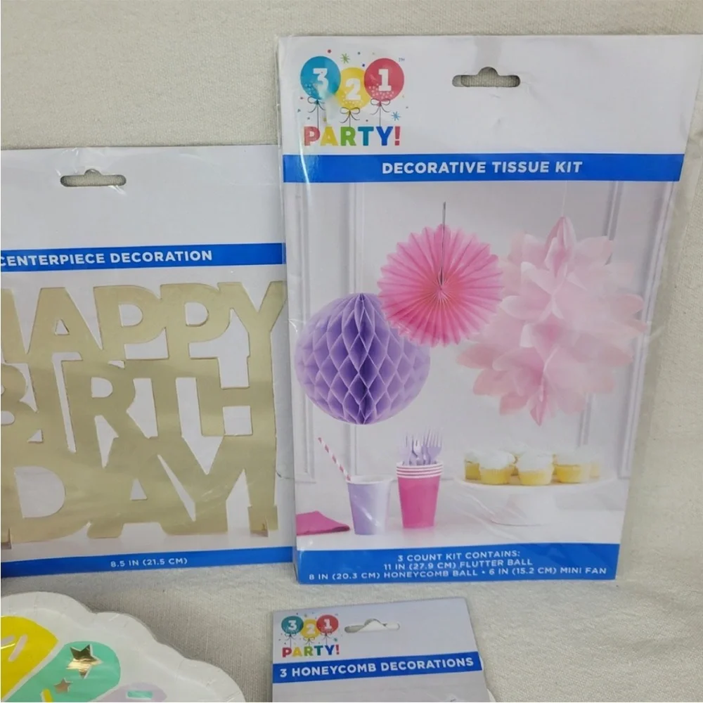 Pastel Birthday Party Kit - Pink, Blue, Yellow Garland & Cupcake Plates